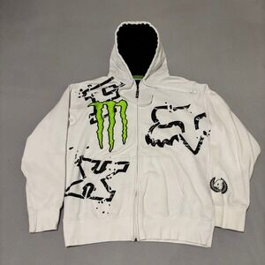 Fox Racing x Monster Energy Hoodie Mens XL White Zip Up Motocross Sweatshirt